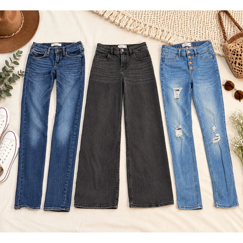 Abercrombie Kids Jeans Lot Bundle Size 9/10 Wide Leg Distressed Slim Fit 3 Pairs